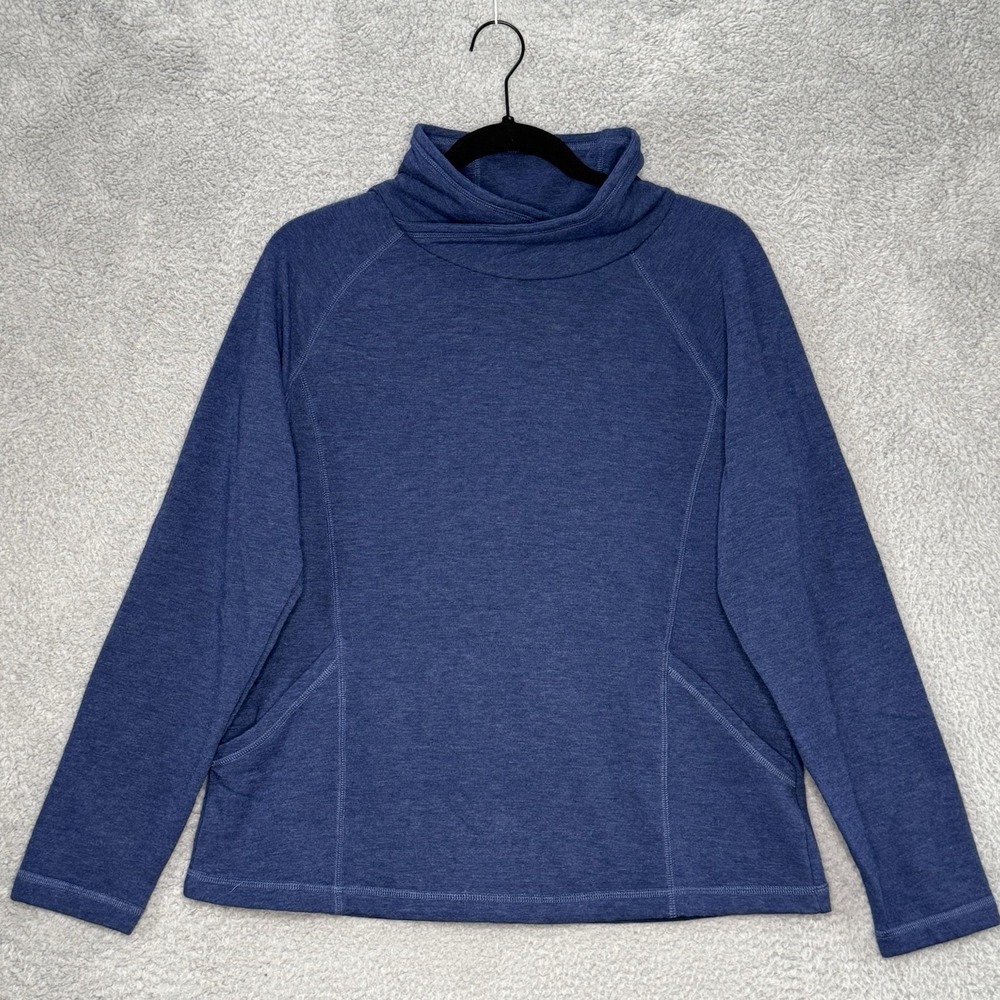 LL Bean Sweatshirt Womens M Gray Blue Wicked Soft Knit Wrap Neck Sweater Pockets
